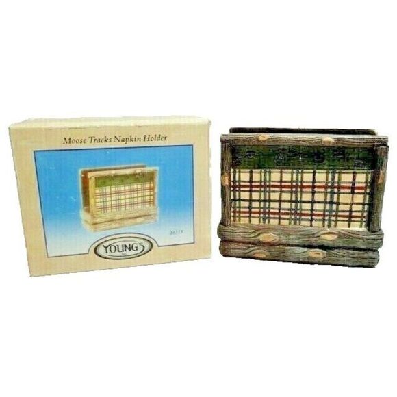 Moose Tracks Napkin Holder Plaid and Logs Design Tan Brown Green Stoneware Gift - Picture 2 of 6